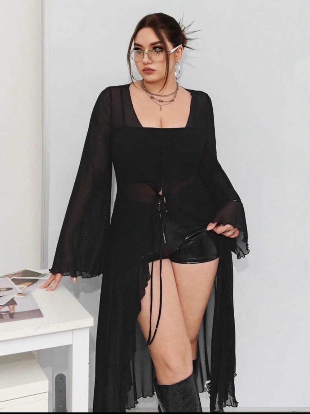 Sheer Black Bell-Sleeve Longline